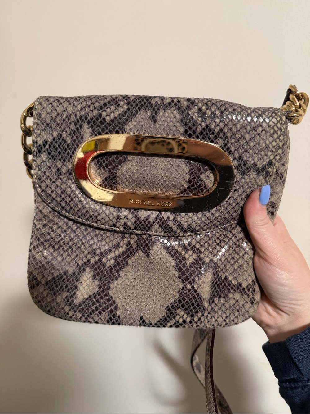 Michael Kors Snake-Print Crossbody Bag in Gray and Black with Gold Hardware